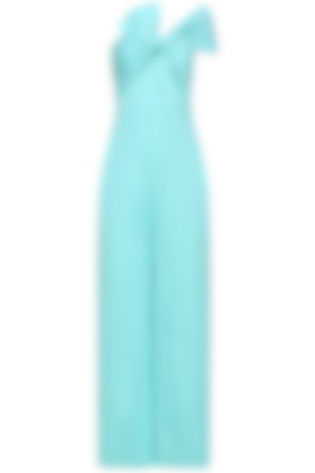 Aqua Blue Bow Tie Up Off Shoulder Jumpsuit by Shivani Awasty