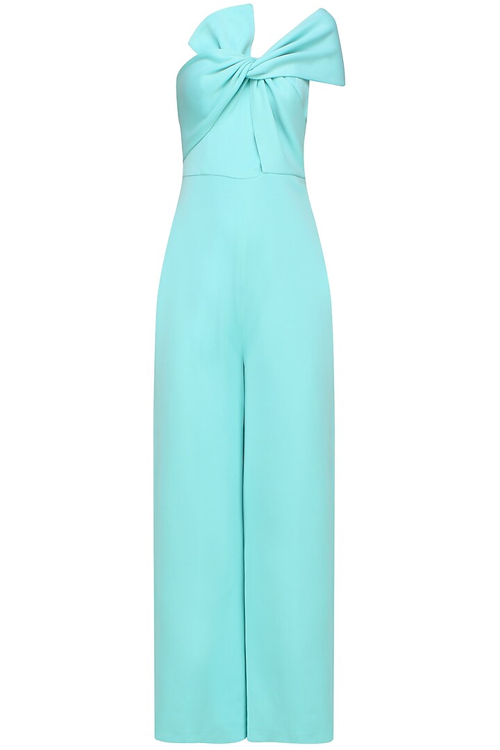 Aqua blue bow tie up off shoulder jumpsuit available only at Pernia's ...