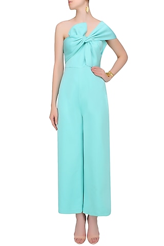 Aqua Blue Bow Tie Up Off Shoulder Jumpsuit by Shivani Awasty