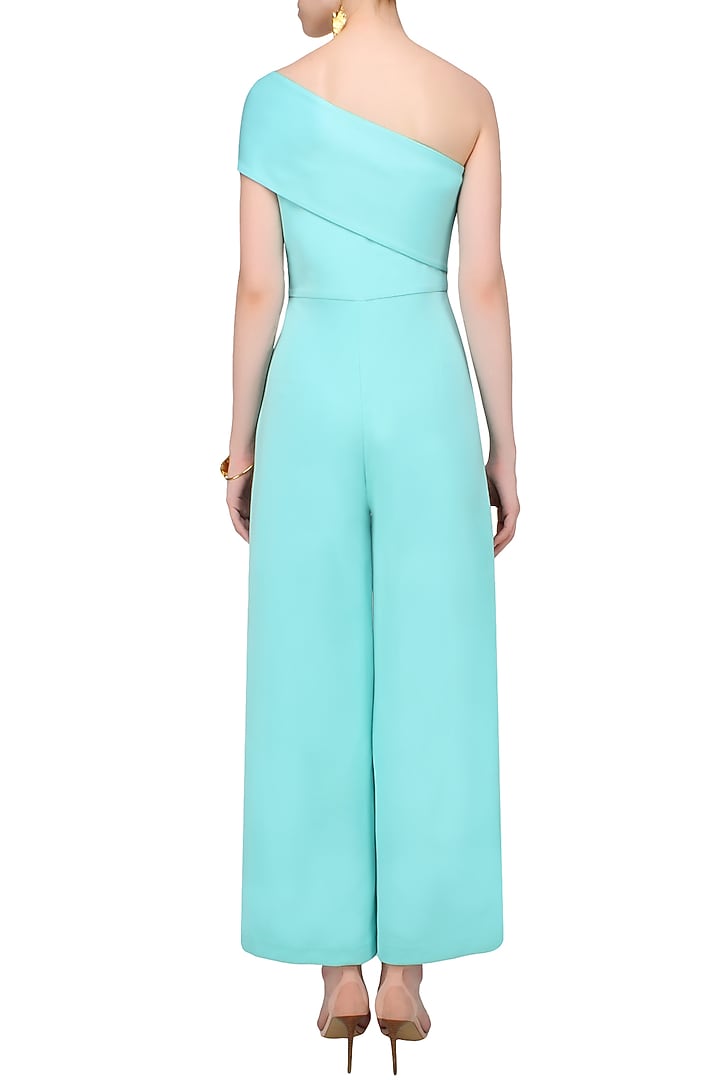 Aqua blue bow tie up off shoulder jumpsuit available only at Pernia's Pop Up Shop.