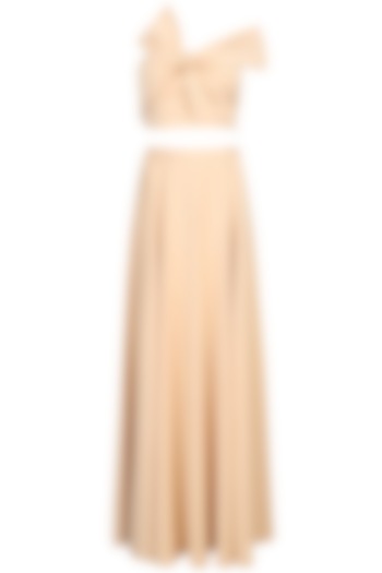 Nude Off Shoulder Bow Tie Up Crop Top With Skirt by Shivani Awasty