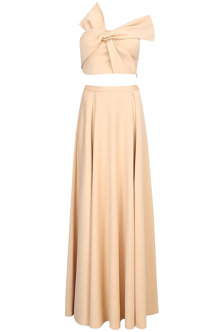 Nude Off Shoulder Bow Tie Up Crop Top With Skirt by Shivani Awasty
