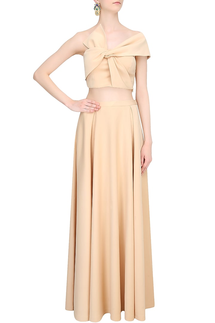 Nude off shoulder bow tie up crop top with skirt available only at Pernia's Pop Up Shop.