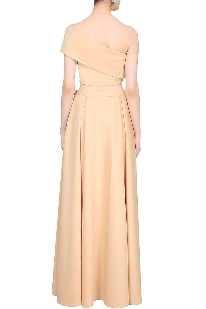 Nude off shoulder bow tie up crop top with skirt available only at Pernia's Pop Up Shop.
