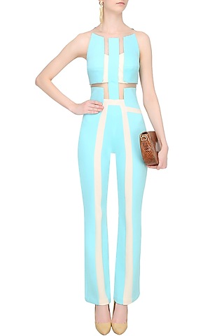 Aqua Blue And Ivory Network Panelled Jumpsuit by Shivani Awasty
