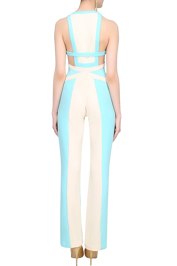 Aqua blue and ivory network panelled jumpsuit available only at Pernia's Pop Up Shop.