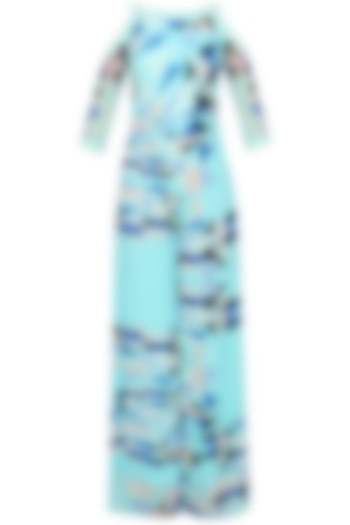 Mint Green Optic Print Cold Shoulder Jumpsuit by Shivani Awasty