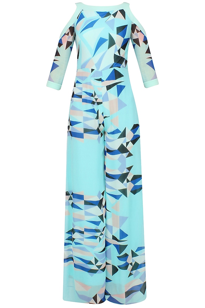 Mint Green Optic Print Cold Shoulder Jumpsuit by Shivani Awasty