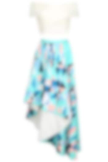 White Cross Over Top With Mint Green Printed Asymmetric Skirt by Shivani Awasty
