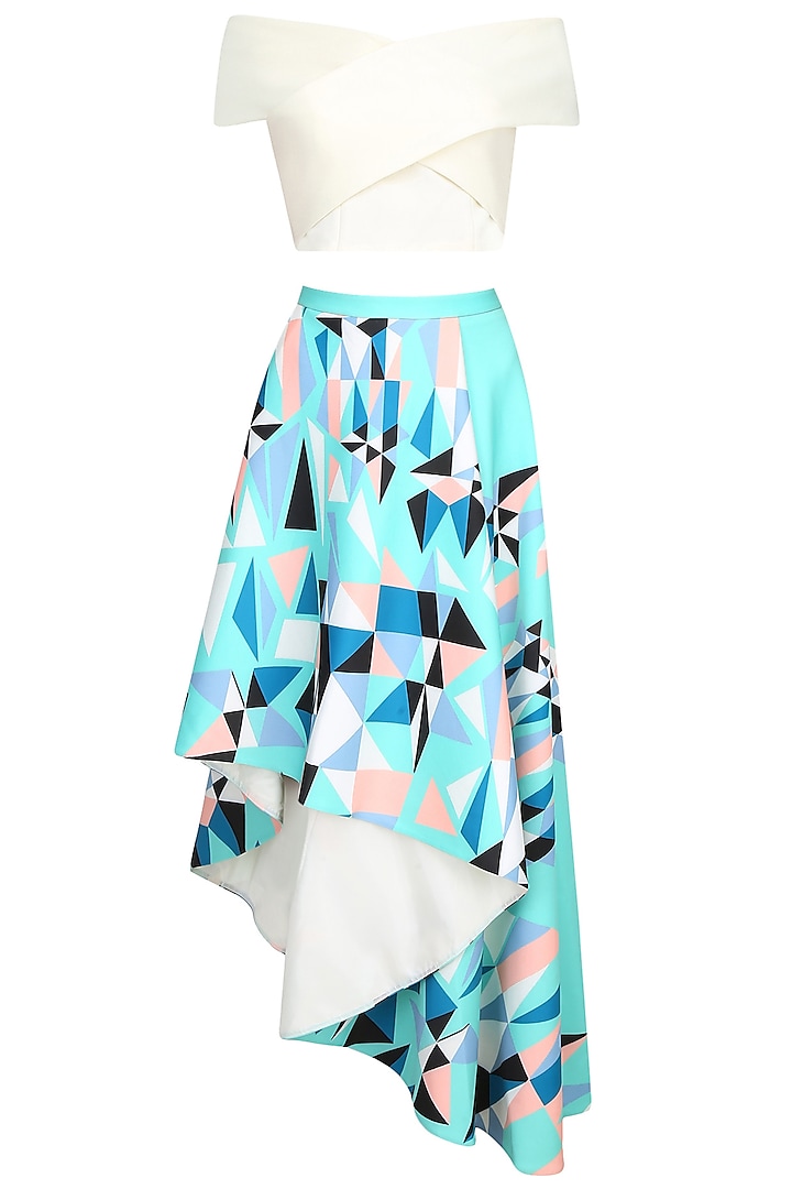 White Cross Over Top With Mint Green Printed Asymmetric Skirt by Shivani Awasty