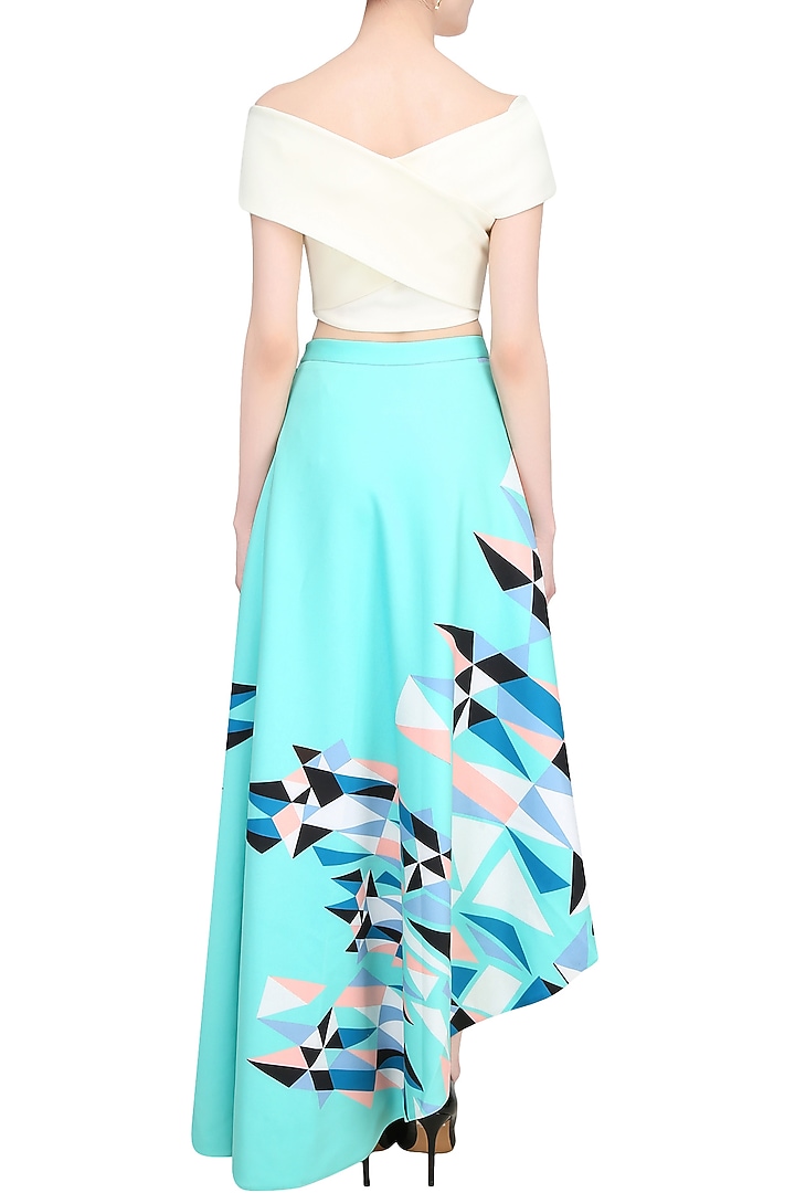 White cross over top with mint green printed asymmetric skirt available only at Pernia's Pop Up Shop.