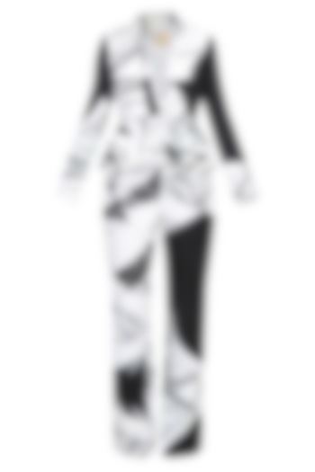 Black And White Optic Print Peplum Jacket With Matching Pants by Shivani Awasty