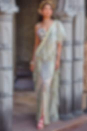 Sage Green Tulle Embellished Draped Wedding Saree Set by Shweta Aggarwal at Pernia's Pop Up Shop