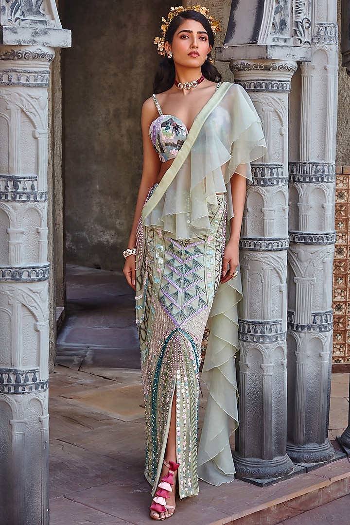 Sage Green Tulle Embellished Draped Saree Set by Shweta Aggarwal