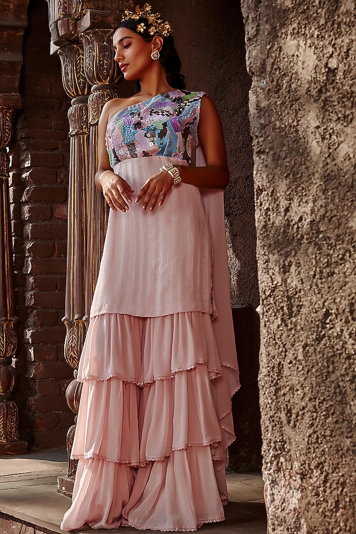 Powder Pink Crepe Party Wear Sharara Set by Shweta Aggarwal at Pernia's Pop Up Shop