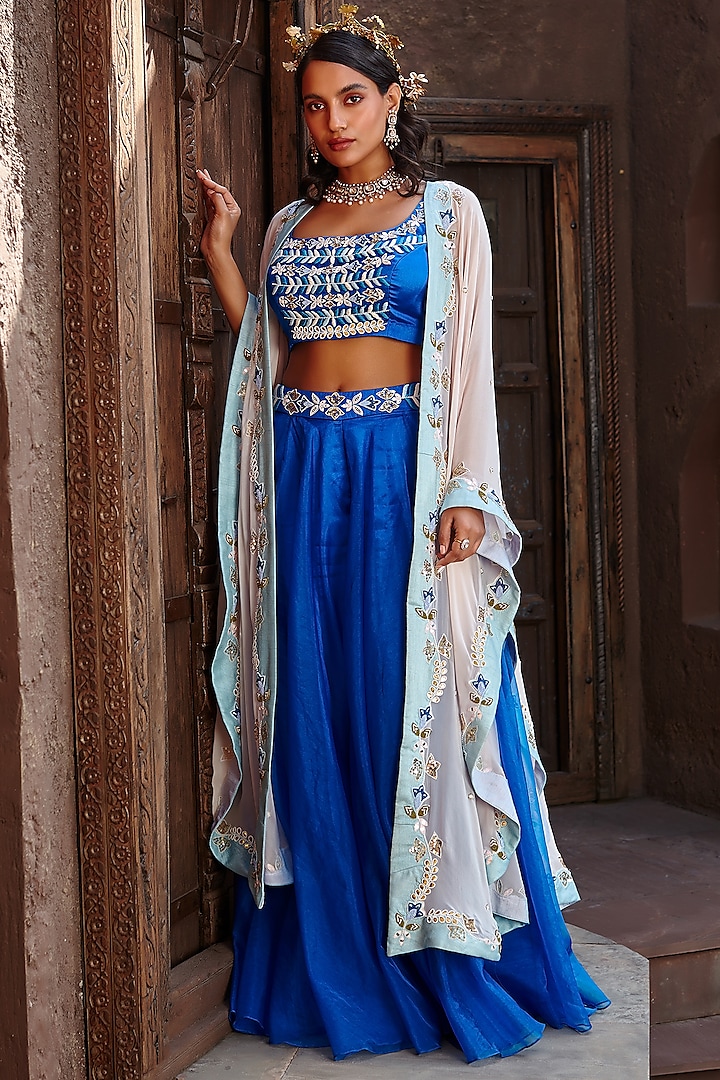 Electric Blue Organza Wedding Sharara Set by Shweta Aggarwal at Pernia's Pop Up Shop