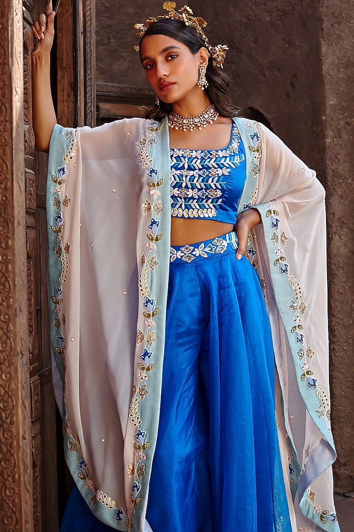 Electric Blue Organza Wedding Sharara Set by Shweta Aggarwal at Pernia's Pop Up Shop