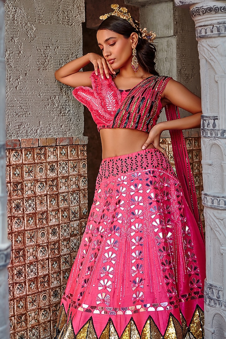 Hot Pink Embroidered Wedding Lehenga Set by Shweta Aggarwal at Pernia's Pop Up Shop