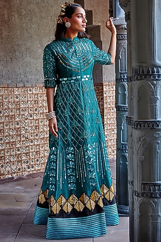 Emerald Green Embroidered Anarkali Set by Shweta Aggarwal