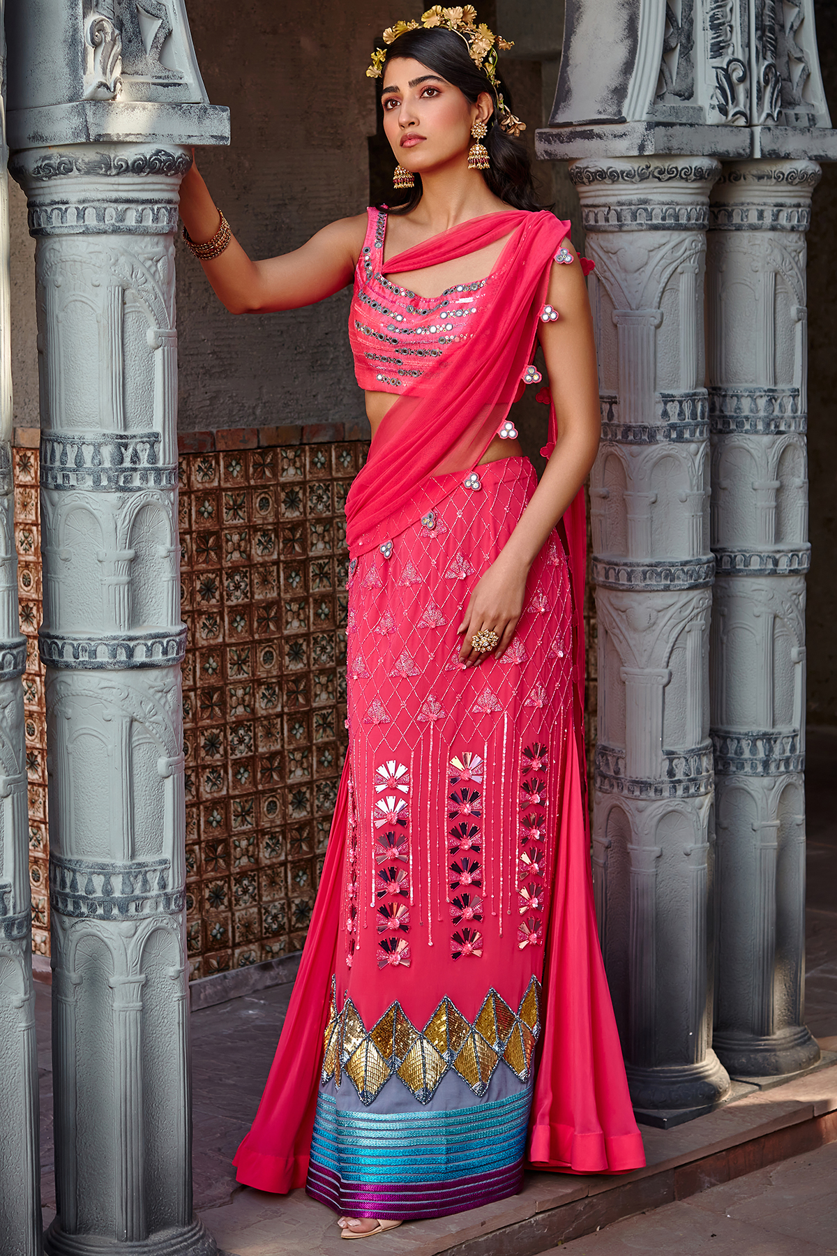 Hot Pink Embroidered Draped Saree Set by Shweta Aggarwal