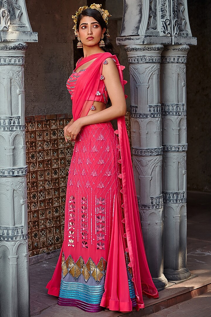 Hot Pink Embroidered Draped Wedding Saree Set by Shweta Aggarwal at Pernia's Pop Up Shop