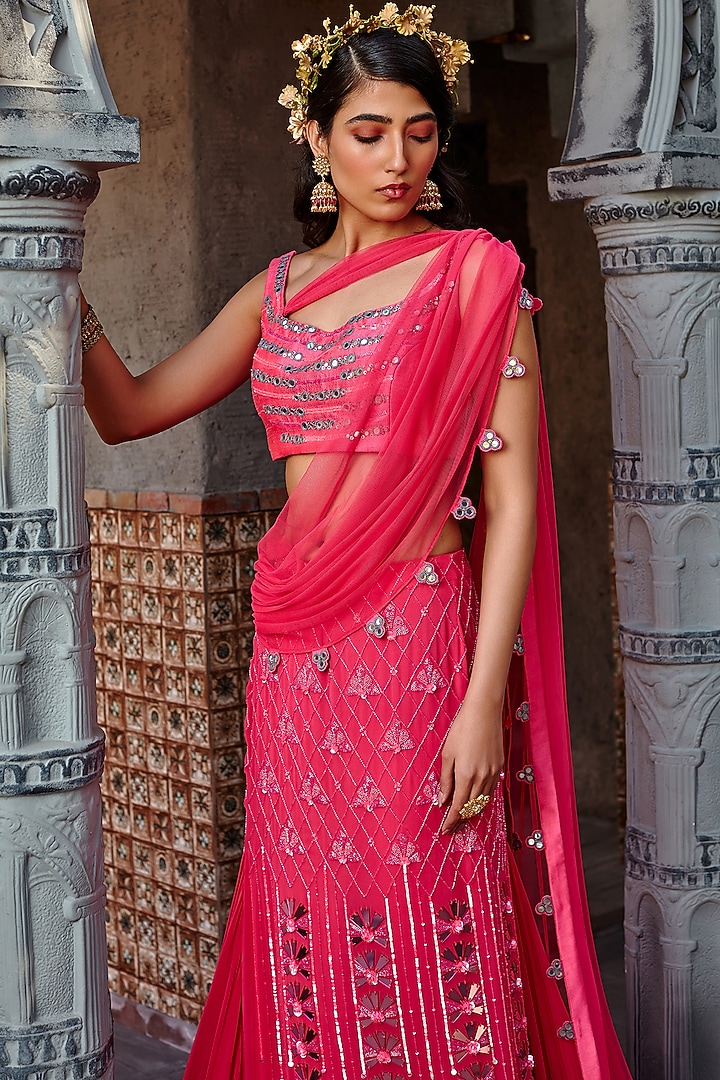 Hot Pink Embroidered Draped Wedding Saree Set by Shweta Aggarwal at Pernia's Pop Up Shop