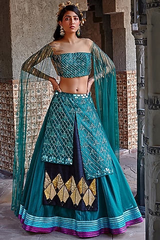 Emerald Green Embroidered Flared Lehenga Set by Shweta Aggarwal