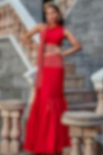 Scarlet Red Georgette Skirt Set by Shweta Aggarwal at Pernia's Pop Up Shop