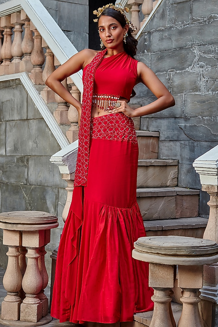 Scarlet Red Georgette Skirt Set by Shweta Aggarwal at Pernia's Pop Up Shop