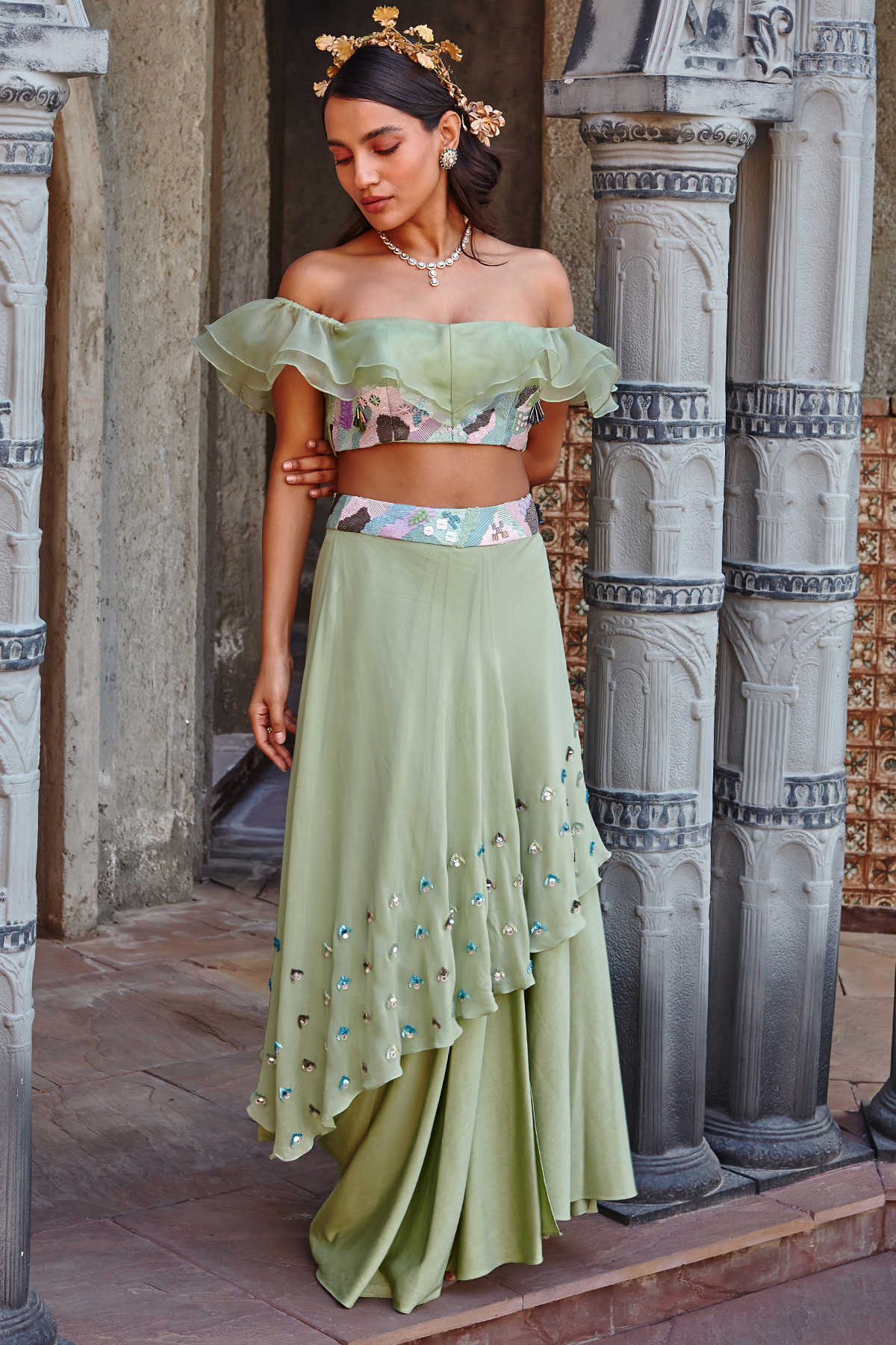 Sage Green Draped Skirt Set by Shweta Aggarwal at Pernia's Pop Up Shop
