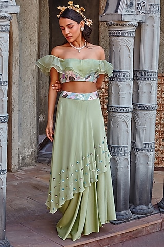 Sage Green Draped Skirt Set by Shweta Aggarwal