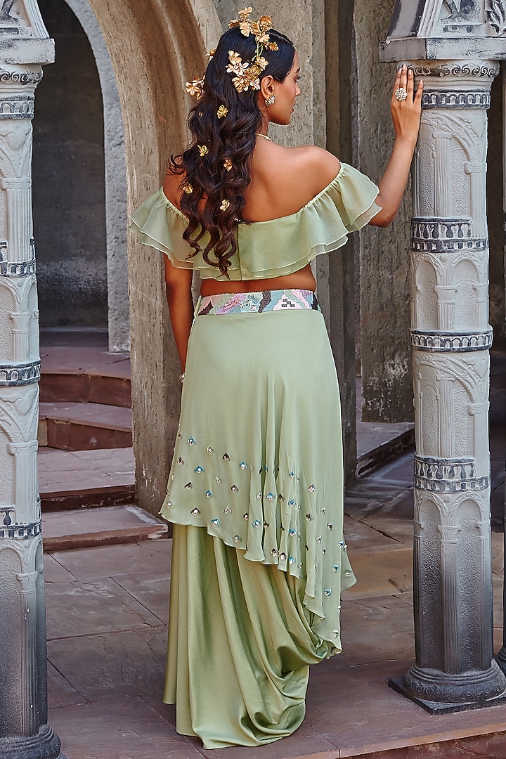 Sage Green Draped Skirt Set by Shweta Aggarwal at Pernia's Pop Up Shop