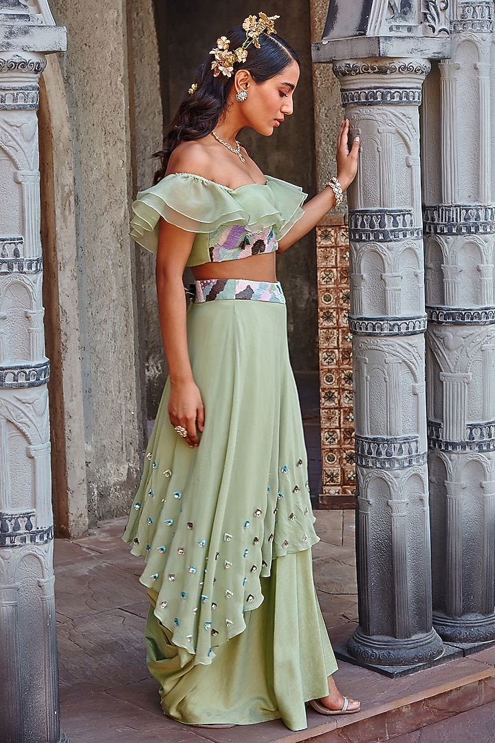 Sage Green Draped Skirt Set by Shweta Aggarwal at Pernia's Pop Up Shop