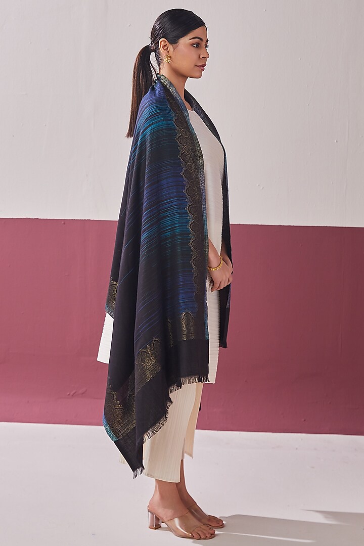 Black Wool Silk Blend Embroidered Stole by Shaza at Pernia's Pop Up Shop