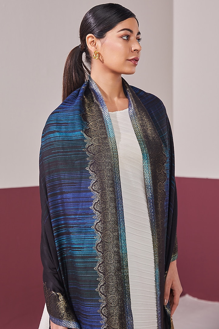 Black Wool Silk Blend Embroidered Stole by Shaza at Pernia's Pop Up Shop