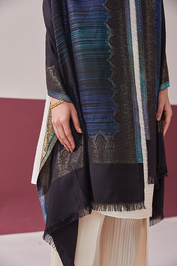 Black Wool Silk Blend Embroidered Stole by Shaza at Pernia's Pop Up Shop