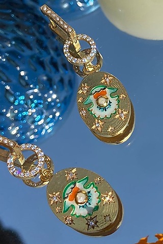 Gold Finish Hand Illustrated Motif Dangler Earrings by Sian