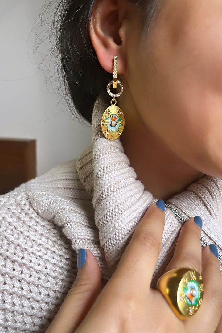 Gold Finish Hand Illustrated Motif Dangler Earrings by Sian at Pernia's Pop Up Shop
