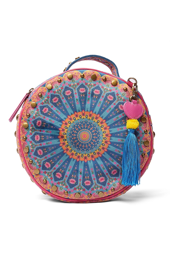 Aqua Blue Suede Velvet Circular Handbag by Siddhartha Bansal X Avocado