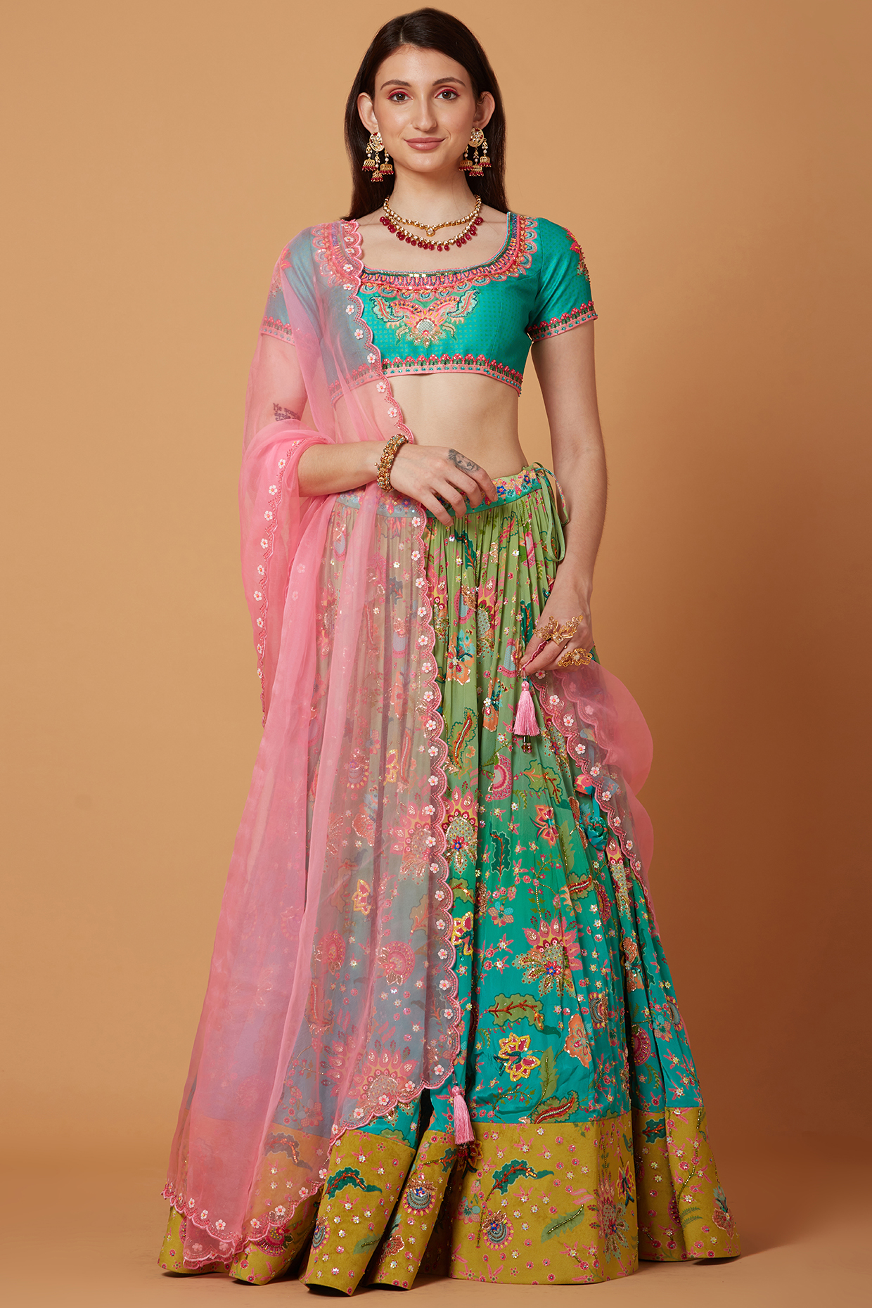 Turquoise And Pink Tiered Lehenga Set – Jiya by Veer Design Studio