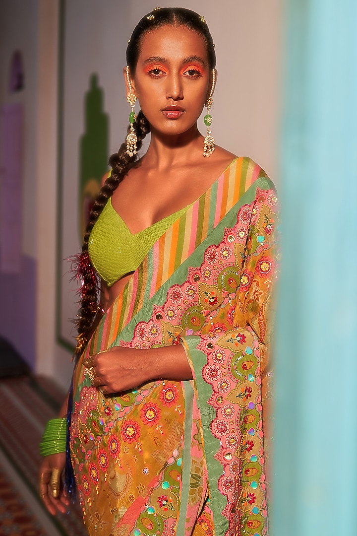 Sunset Orange Pure Crepe Hand Embroidered & Printed Wedding Saree Set by SIDDHARTHA BANSAL at Pernia's Pop Up Shop