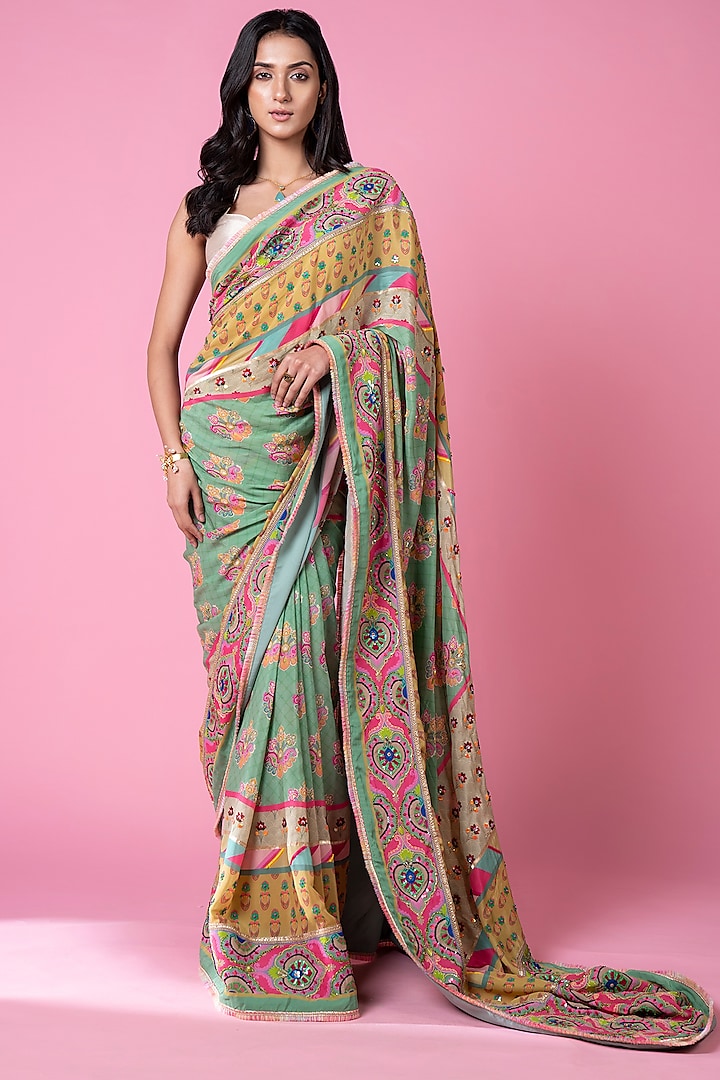 Sage Green Pure Crepe Hand Embroidered Reception Saree Set by SIDDHARTHA BANSAL at Pernia's Pop Up Shop