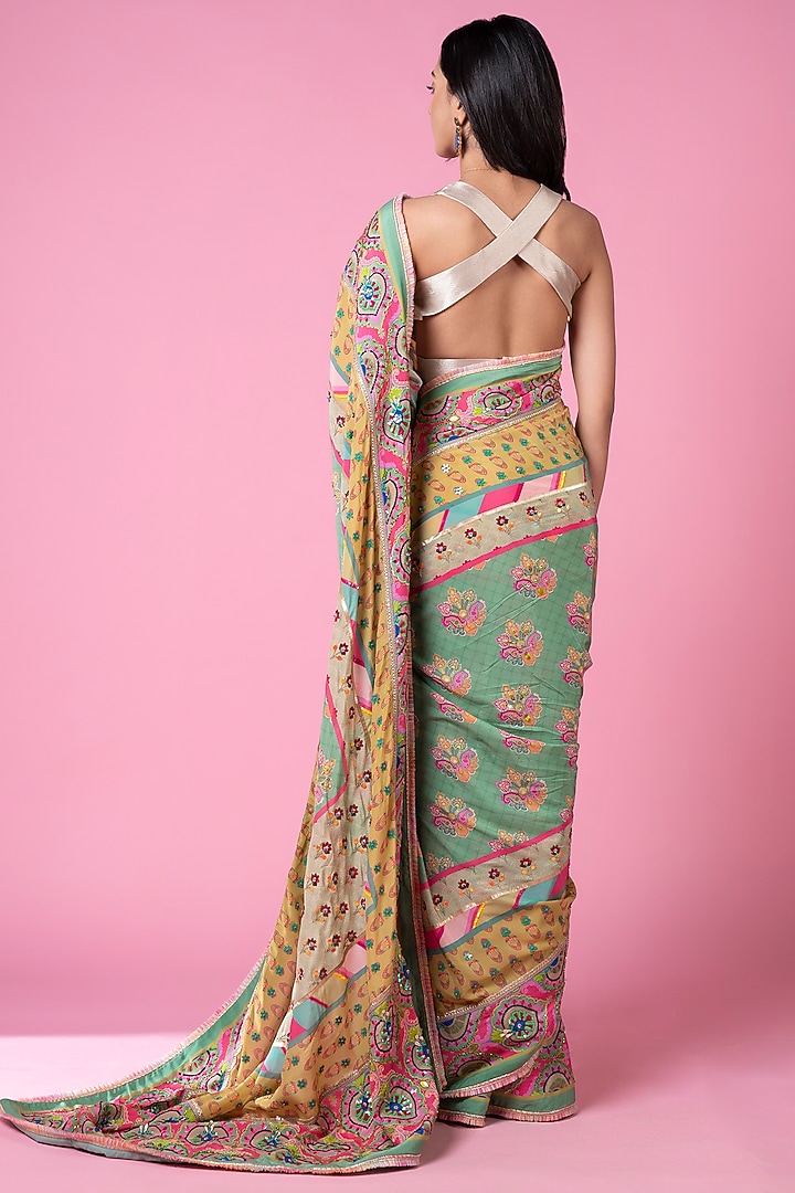 Sage Green Pure Crepe Hand Embroidered Reception Saree Set by SIDDHARTHA BANSAL at Pernia's Pop Up Shop