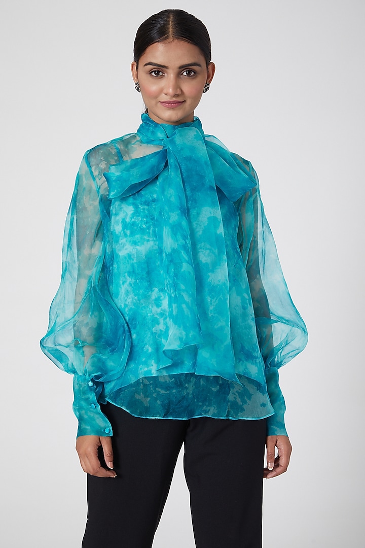 Aqua Blue Printed Top by SIDDHARTHA BANSAL at Pernia's Pop Up Shop