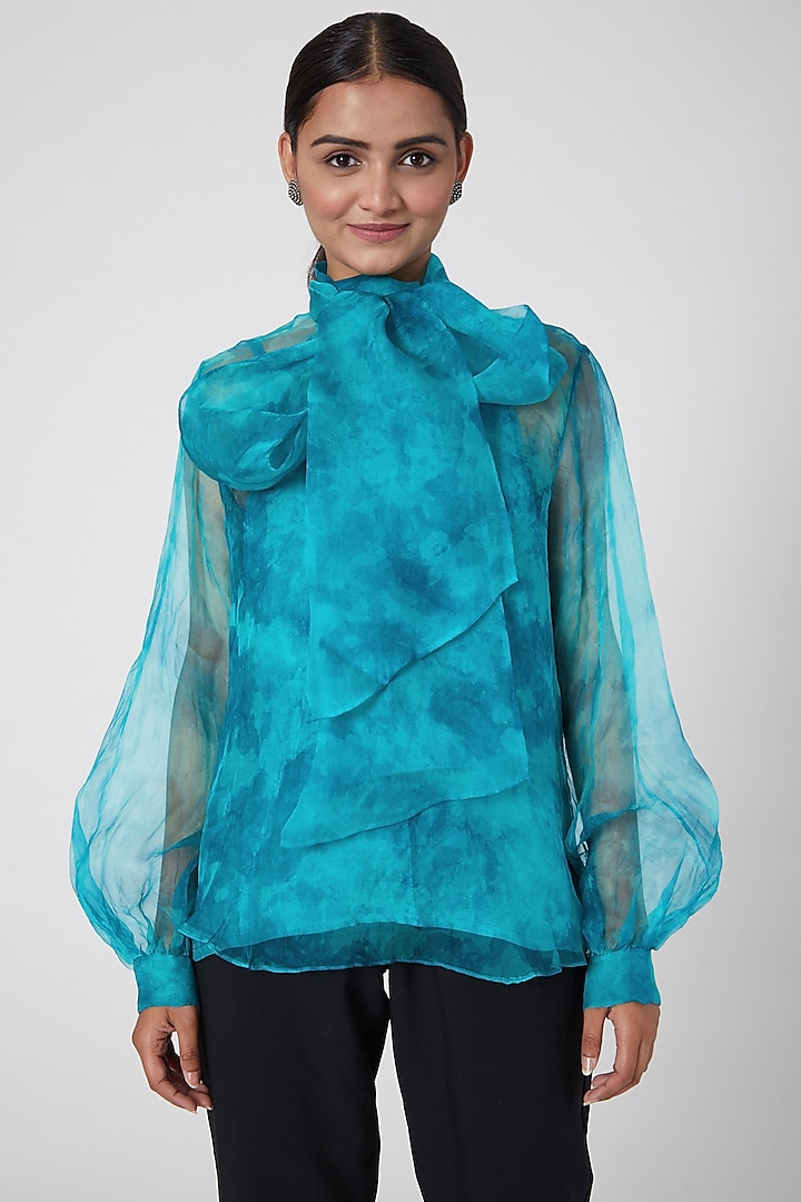 Turquoise Tie-Dye Printed Top by SIDDHARTHA BANSAL