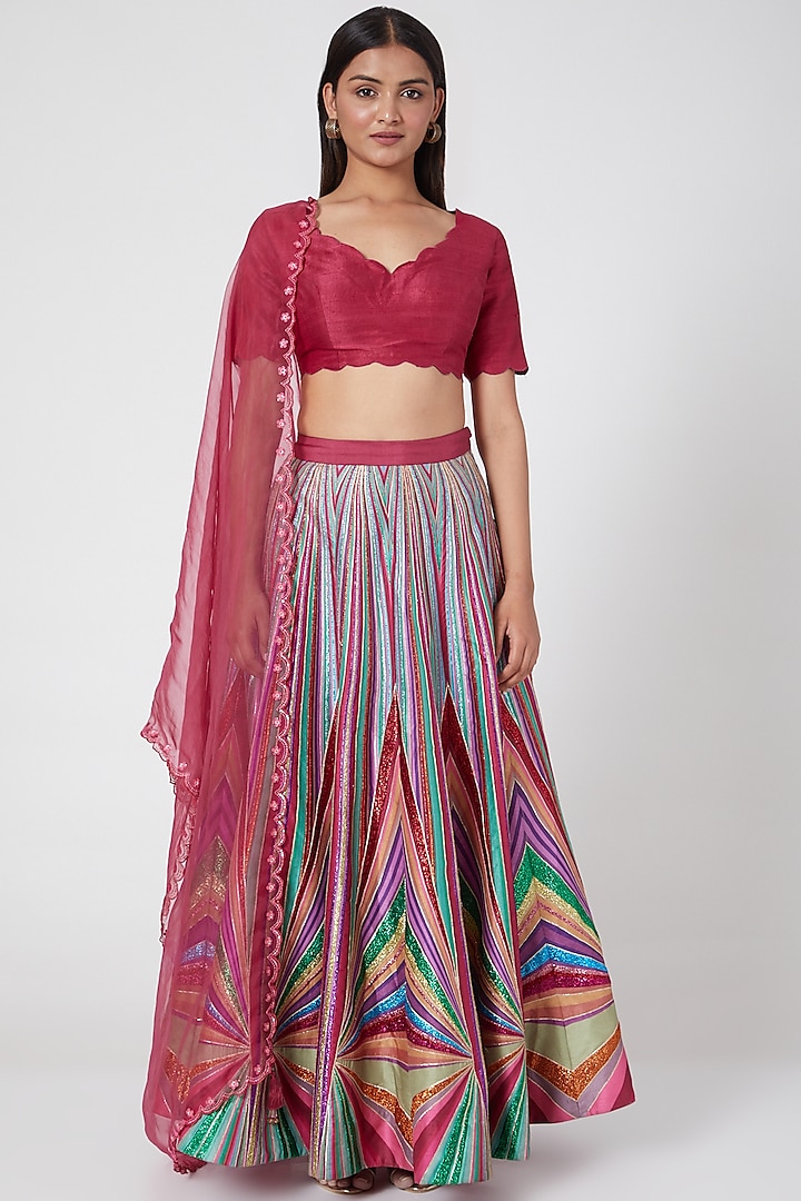 Multi Colored Embroidered Silk Lehenga Set by SIDDHARTHA BANSAL