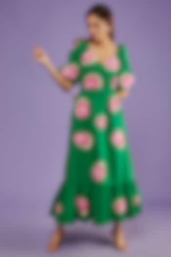 Green Cotton Digital Printed Dress by SIDDHARTHA BANSAL
