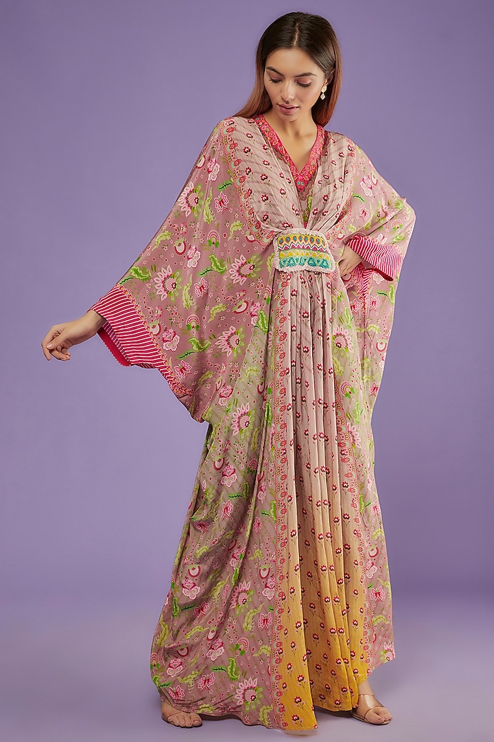 Powder Pink & Yellow Floral Printed Kaftan by SIDDHARTHA BANSAL