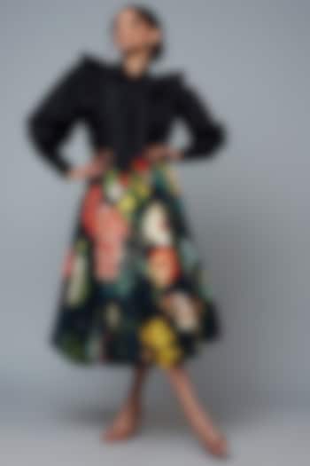 Black Cotton & Moss Crepe Digital Printed Skirt Set by SIDDHARTHA BANSAL