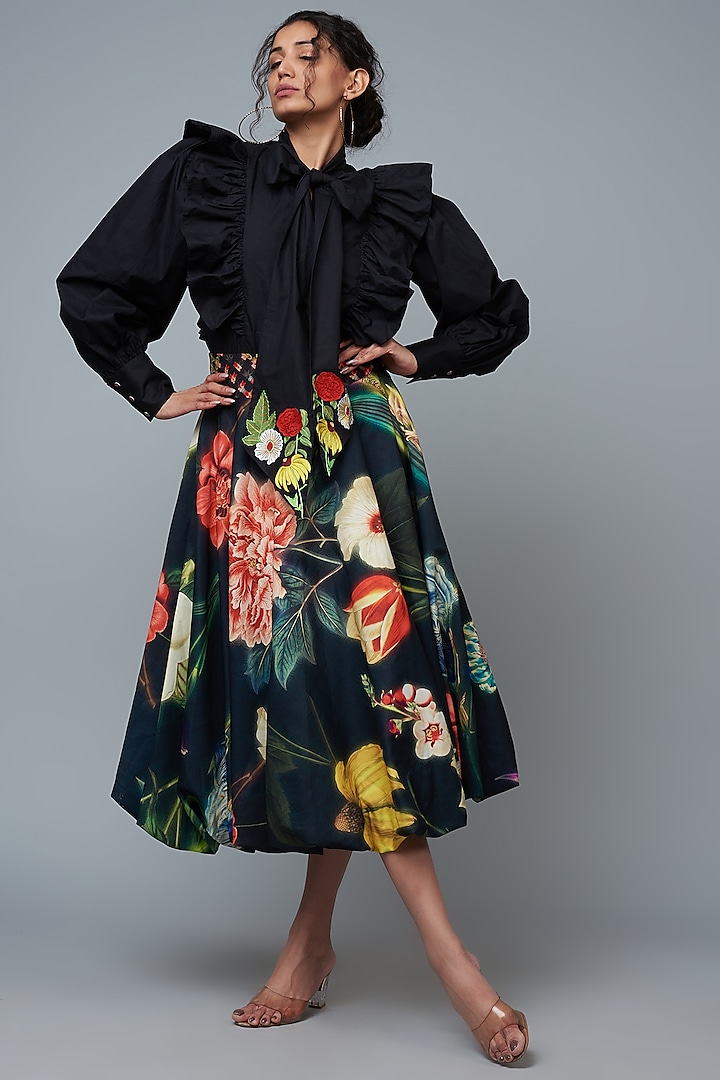 Black Cotton & Moss Crepe Digital Printed Skirt Set by SIDDHARTHA BANSAL